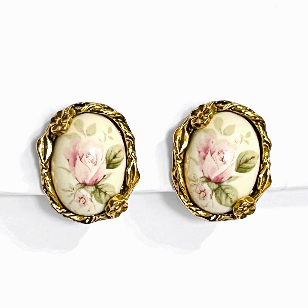 VTG Rose Flower Earrings Gold Tone Clip-On Victorian Style Oval Feminine Art